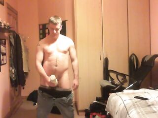Banging Fleshlights frontal view and cumming