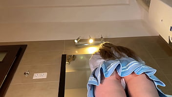 Hot Skinny Long Hair Blonde Wife has a new Blue Super Short Miniskirt and under it she has white cotton panties