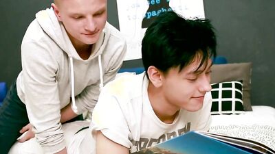 Dashing blonde twink takes a big dick down his throat and in the ass