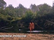Risky adventure naked boy jerking on the misty river.