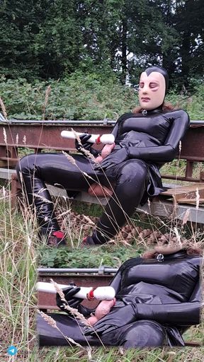 latex sissy cum outside with a vibrator