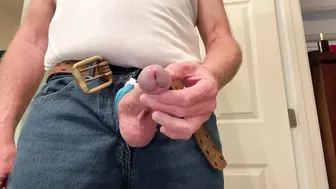 Uncut cock teased in and out of tight denim jeans