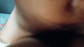 missionary position with cock starting to get an erection, he rubs his penis on the hairy pussy.