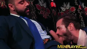 Bearded executive gets sloppy blowjob after winning card game