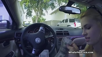 Public utility room quickie with busty blonde babe