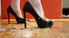 Messy feet and heels crush fruits, high heels crush, messy feet, high heels wrecked, messy white stockings, high heels messy, inshoe crush