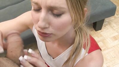 After ballbusting and biting the nerd the blonde femdom lets him use her wet pussy