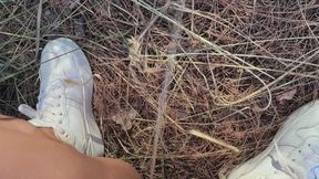 Desperate outdoor POV power pissing in the woods