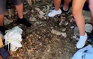 Horny MILF blonde gangbanged by three guys outdoor in public live at sexycamx