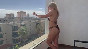 Blonde MILF candid bikini smoke on balcony