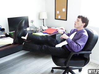 2 Office MILFs Dominate Assistants Jock in Trio