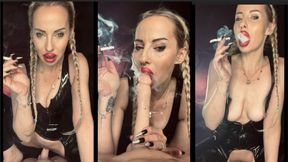 Catsuit Queen Chain smokes marlboro 120 POV blow- & handjob & Sex with my sextoy boy