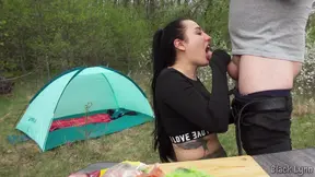 Amateur girl gives blowjob and swallows cum in public