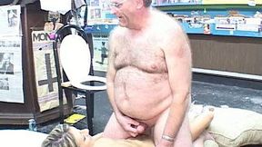 Fat old grandpa is pounding young slut Jane in the shop