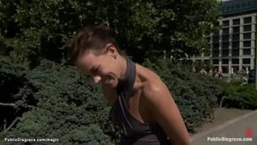 Clamp-wearing babe exposed and fucked publicly