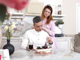 Red haired gal seduces dude in the kitchen