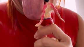 Giantess Samira, a Vore Queen in her red latex dress, polishes it and then humiliates and devours her prey.