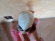 Wearing pink fishnet catsuit and pink platform ankle boots. Rough POV blowjob