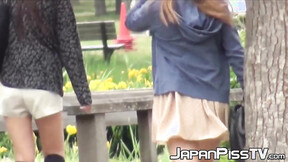 Seductive stockings wearing Asian teen peeing in public