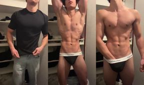 Bodybuilder strips down to a tight thong showing off his muscles
