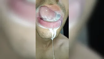 Sloppy blowjob with long tongue and cum swallowing close-up