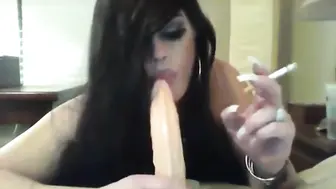 Amateur Crossdresser Smoking and Riding Dildo