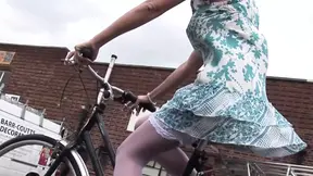 White lingerie-clad Stacey rides her bike, but her mind is on sex