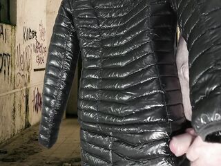 Cuming on Girlfriend&#039;s Shiny Ebony G.W. Down Jacket