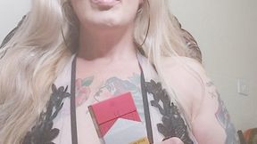 Blonde and sexy milf smoking three red Marlboros sequence