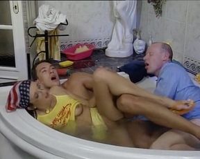 Dark Haired German Slut Gets Destroyed by Two Hard Cock in the Bathroom