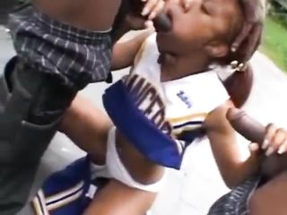 Black Cheerleader Takes 2 Cocks