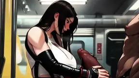 Tifa gives two strangers naughty hand jobs in the crowded train car.
