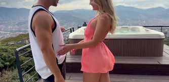 Plumpish Busty Blonde PAWG Gets Deepthroated & Fucked Hard By a Horny Jock By the Pool