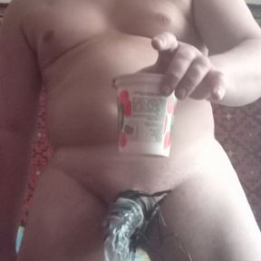 BDSM. Electro stime condom cum. Strawberry yoghurt eating with my cum