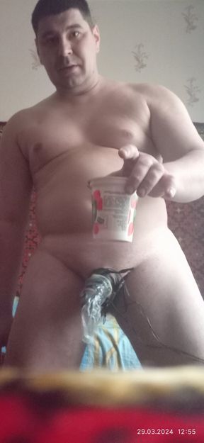 BDSM. Electro stime condom cum. Strawberry yoghurt eating with my cum