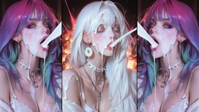 Anime characters get their faces thoroughly covered in cum.