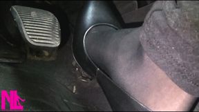 Revving and Driving in Black Pantyhose and Grey High Heels