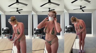 Influencer Lucy Adler with big titties doing woodwork in a bikini