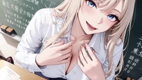 Blonde Teacher! the Fatal Seduction Under an Open White Shirt, Lazily Leaning on the Classroom Desk
