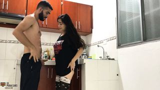 Fucking in the kitchen of my house while my stepfathers are lying down - Porn in Spanish