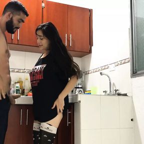 Fucking in the kitchen of my house while my stepfathers are lying down - Porn in Spanish