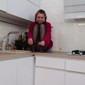 Cute Asian Ka Lee Teasing In Long Sweater and Black Pantyhose