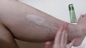 Rubbing in Lotion on Hairy Legs HD