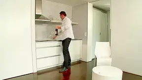 Dashing babe with small tits gives a foot job in the bathroom and gets bonked