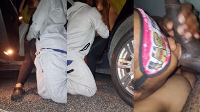 Gorilla wants to deepthroat huge ebony tits in his car before swallowing in the parking lot
