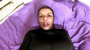 pantyhose encasement. faceless nylon suit tease, finger sucking and intense orgasm