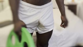 I Am Just Exercising Home in My White Box Shorts Commando of Course