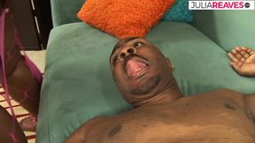 Ebony slut sucks a huge black cock then bends over for a hard fuck