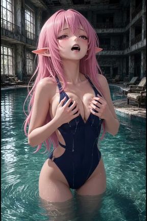3d anime pink hairy in swimsuit masturbates in and around the pool