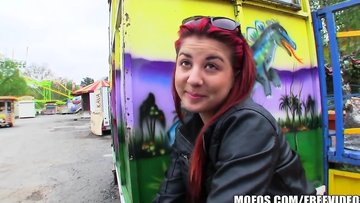Hot redhead is willing to get fucked in the park for some money